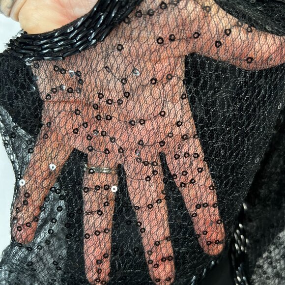 Mac Duggal Black Mini Dress Mesh Panel Side Cut Out Beaded Trim Cocktail 2 - Picture 9 of 15